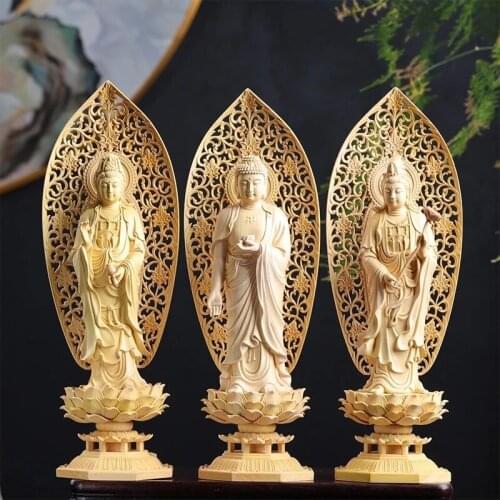 Guanyin Statue for Home Decoration 29cm Three Buddhas Wooden Buddha Figurines Wood Goddess Gift Arts