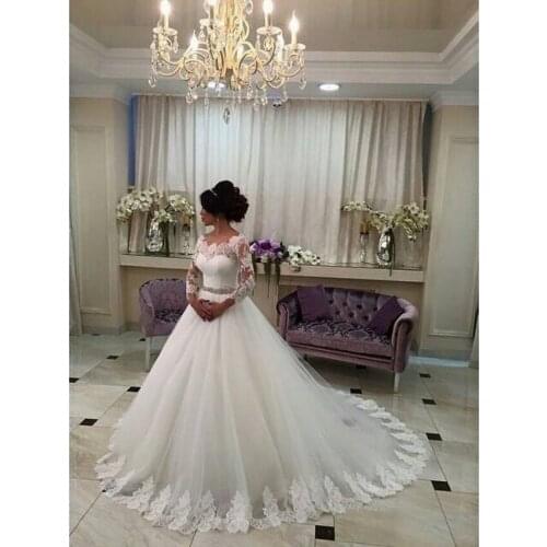 Wedding Dress 2015 Hot Sale Sweetangel Beaded A Line Long Sleeve Lace Wedding Dress Vestido De Noiva Robe De Mariage Bride Dress