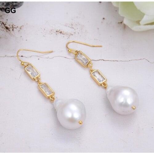 GuaiGuai Jewelry Natural Cultured White keshi Pearl Cz pave Chain Dangle Hook Earrings