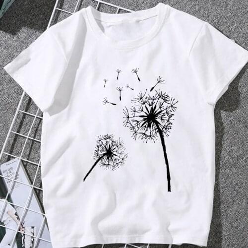 2021 New Summer Women T Shirt Harajuku Dandelion Bouquet Print White T-Shirt Lady O-neck Oversized Top Short sleeve Tshirt femme