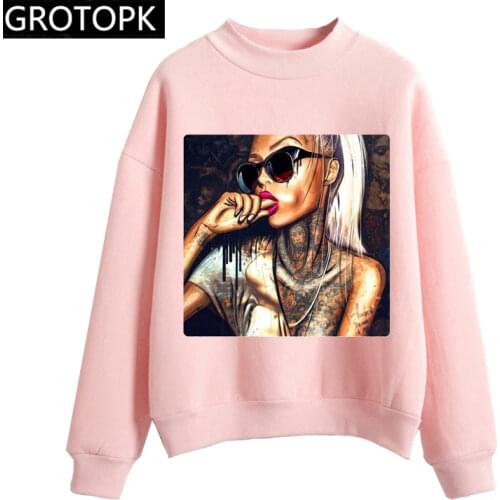Punk Girl with Tattoo Print Women Fashion Long Sleeve Hoodie Sweatshirt Harajuku Hooded Grunge Pullover Tops Casual Loose Hoody