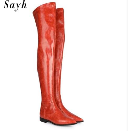 Winter Woman Over the Knee Boots Pointy Toe Zipper Boots Flats Womens Winter Boots Leather Thin Stretch Boots Shoes Size Plus