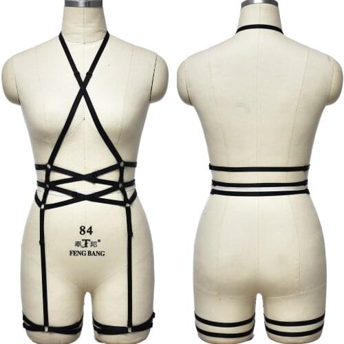 Goth Black Bandage Body Harness Belt Pole Dance Wear Body Cage Elastic Sexy Lingerie Hollow Bodysuit Punk Harness Set