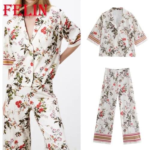 Za 2021 Women Chic Floral Print Beach Suits V Neck Loose Women Shirts and High Waist Wide Leg Pants Boho Stylish Women Sets