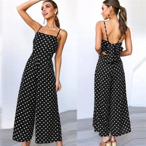 Women Sexy Sling Sleeveless Romper Dot Print Wide Leg Jumpsuit Party Casual Playsuit