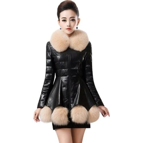 Fur Winter Jacket Female Simulation PU Leather Down Jacket Ladies Medium Long Coat Woman Imitation Fox Fur Collar Slim Overcoat