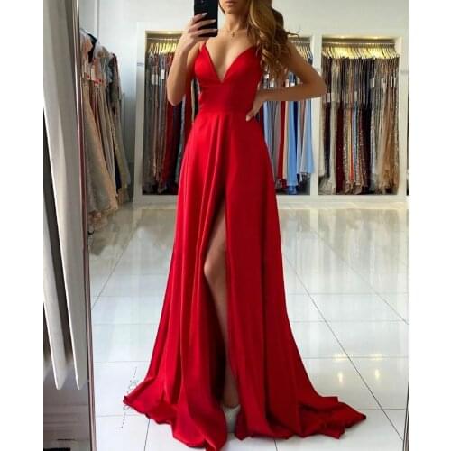 Sexy V-Neck Long Red Satin Prom Dresses with Slit Criss Cross Back Robe De Soiree Floor Length Pleated V-Neck Formal Party Gown