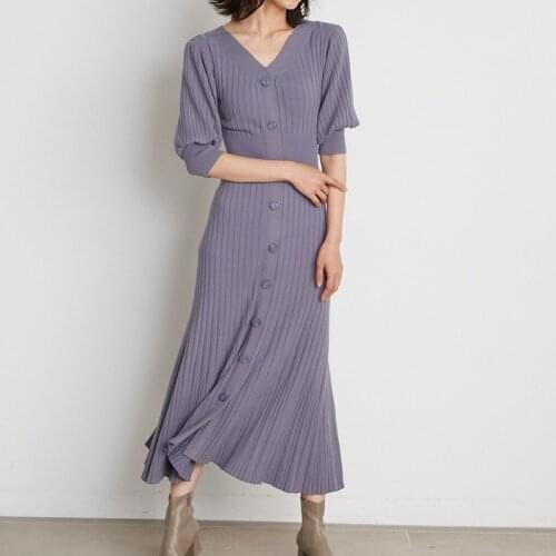 2021 Fall New Elegant Knit Trumpet Midi Dress V-neck Puff Sleeve Buttoned Slim Femme Robe Office Lady All-match Solid Vestidos