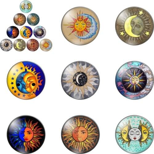 Cartoon Sun and Moon Patterns 10pcs 10mm/12mm/14mm/16mm/18mm/20mm/25mm Round Photo Glass Cabochon Demo Flat Back Making Findings