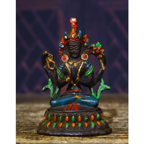 4" Tibet Buddhism Old Bronze Engraved Tracing Four-Walled Guanyin Bodhisattva Buddha statue Enshrine the Buddha Town House