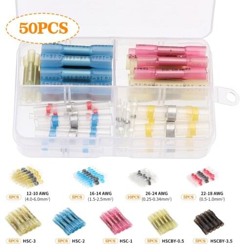 50pcs Solder Seal Quick Wire Connectors Heat Shrink Butt Electrical Connector Kit Automotive Insulated Tube Terminal