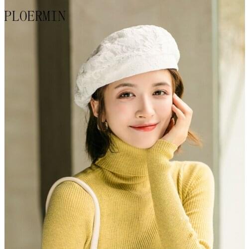 Spring Summer 2020 New White Lace Flower Beret Female Painter hat Sunscreen Sun Hat Outdoor Travel Cap Solid Soft Fashion Boina