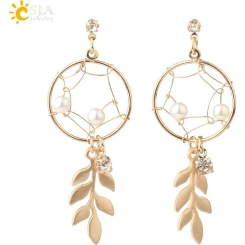 CSJA Korean Dream Catcher Long Stud Earrings Matted Gold Color Metal Earrings Simulated Pearl Leaf Tassel Elegant Ear Clip S706