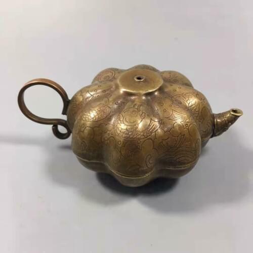 Chinese Style Pure Brass Pumpkin Inkstone Dripping Kettle Calligraphy Supplies Fengshui Decoration