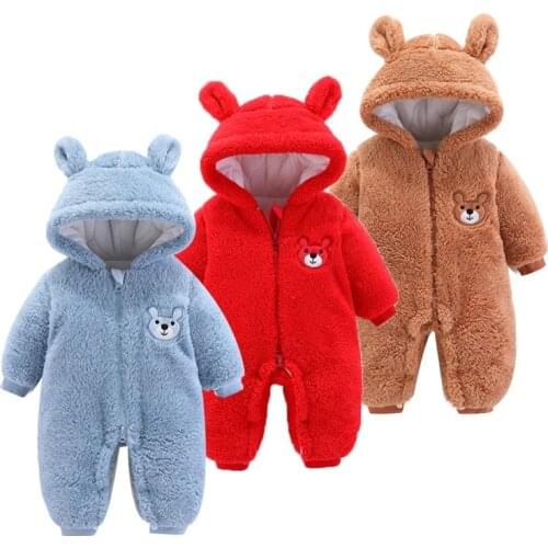 New Born Baby Rompers Winter New Toddler Boys Girls Solid With Hooded Long Sleeve Velvet Thicken Zipper Outfit Jumpsuits 0-12M