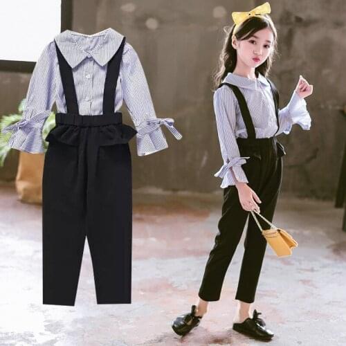 2 Pcs Clothing Set For Girls Autumn Girls Suit Spring Kids Clothes Teen Girl Costume 6 8 12 Years Child Striped Blouse+Jumpsuit