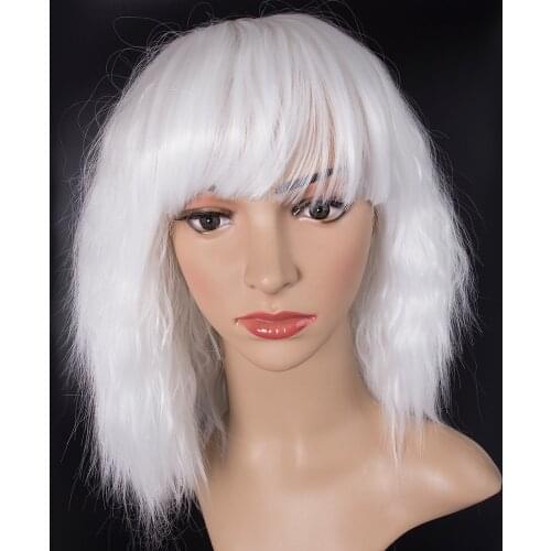 Short White Wig with Neat Bangs for Women African American Synthetic Hair Wigs Natural Wave Heat Resistant Cosplay Halloween
