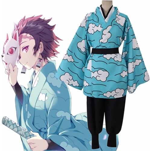 Anime Demon Slayer Kimetsu no Yaiba Kamado Tanjirou Urokodaki Sakonji Cosplay Costume Sky Blue Kimono Uniform Helloween Outfit