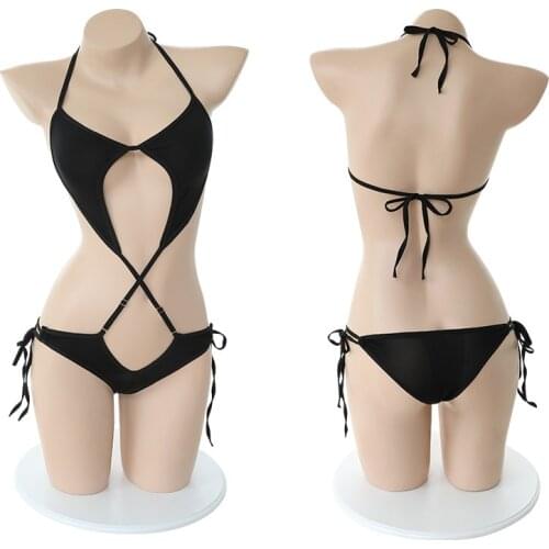 Sexy Women Strap Tie Swimwear One-Piece SUKUMIZU Cosplay Swimsuit Hollow Out Bathing Suit Black & White Lingerie