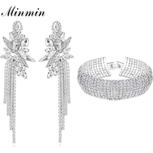 Minmin Sparkling Silver Color Crystal Flower Shape Wedding Tassel Earrings Bracelet Sets Bridal Luxury Jewelry Sets EH1624+SL341