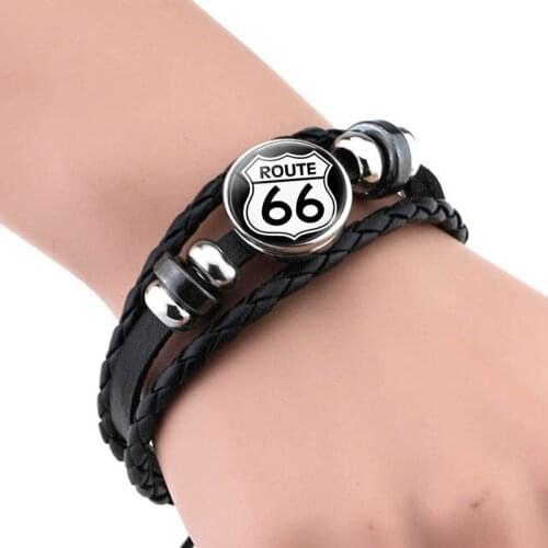 Route 66 Sign Bracelets Men Women Punk Woven Bracelet Route 66 Jewelry Charm Black Leather Bracelet Travel Souvenir Gifts