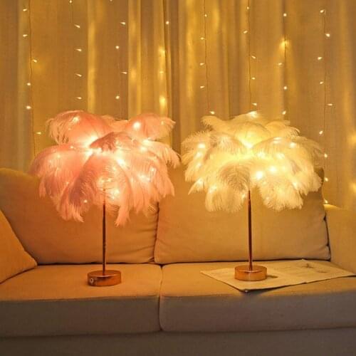 Remote Control Feather Table Lamp USB/AA Battery Powered DIY Creative Warm Fairy Light Tree Lampshade Wedding Home Bedroom Decor
