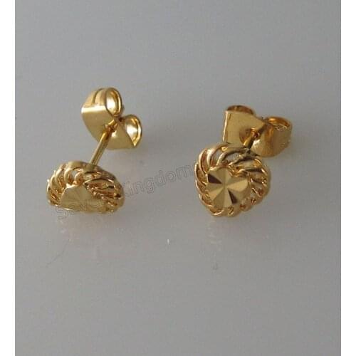 NEW CARVED SURFACE HEART WATER DROP SHAPED GOLD COLOR 7*9 mm 0.28*0.35" STUD EARRING