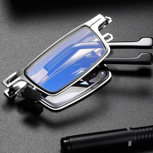 Fashionable Mini Folding Reading Glasses for Men Anti-blue Light Presbyopic Glasses Foldable Full Frame Metal Black with case