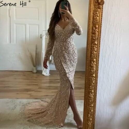 Serene Hill Peachy V-Neck Mermaid Sexy Evening Dress 2020 Dubai Luxury Long Sleeves Rhinestones Formal Party Wear Gown CLA70499