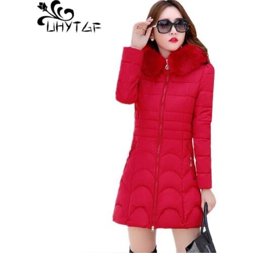 UHYTGF Woman Winter Coats Down Cotton Cold Protection Warm Jackets Fashion Fur Collar Hooded Casual 3XL Plus Size Outerwear 398