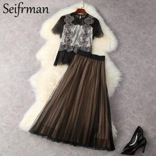 Seifrmann New 2021 Summer Women Fashion Runway Skirt Set Short Lace Loose Tops+High Waist Mesh Midi Skirts 2 Two Pieces Suits