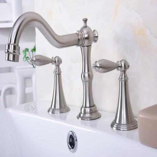 Deck Mounted 3 Holes Bath Tub Mixer Tap Brushed Nickel Brass Widespread 2 Handles bathroom basin Faucet abn018
