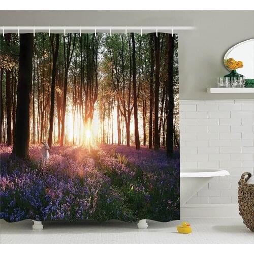 Farm House Shower Curtain Stunning Bluebell Woods Sunrise with White Rabbit Sunny Spring Day in Woodland Bath Curtains