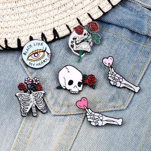 Skull Skeleton Flower Heart Brooches Rib Cage Rose flowers Enamel Pin Denim Jackets Shirt Lapel Badge Punk Jewelry For Women Men