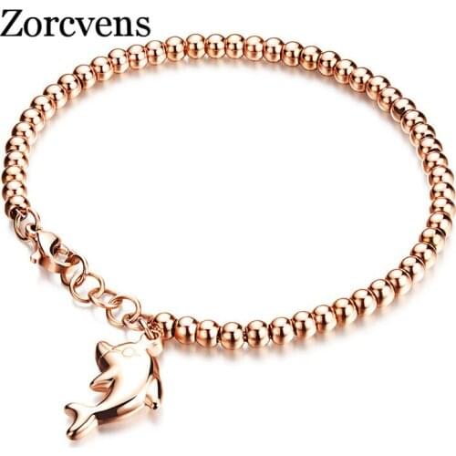 Modyle Dolphin Pendant Bracelets Womans Beaded Stainless Steel Steel Rose Gold Color Cute Girls Jewelry Gift