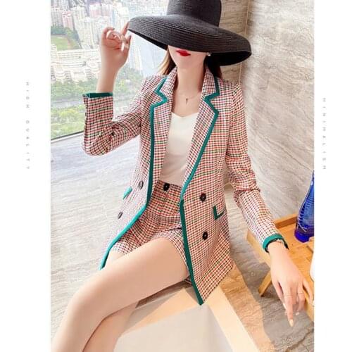 Spring Autumn Work Office Elegant Young Ladies 2Pcs Set Women Plaid Blazer Blouses Tops And Short Pants Women Clothing Set SY096