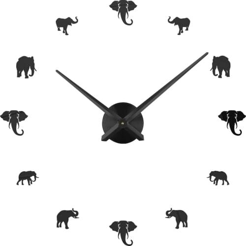 3D Clock Wall Sticker Clock Adhesive DIY Large Wall Clock Home Decor Modern Design Mirror Effect Jungle Animal Elephant Watch