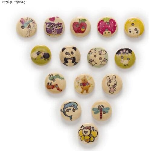 50pcs 2 Hole Cute Mixed Animal Round Wood Buttons Decor Home Sewing Scrapbooking Clothing 15mm