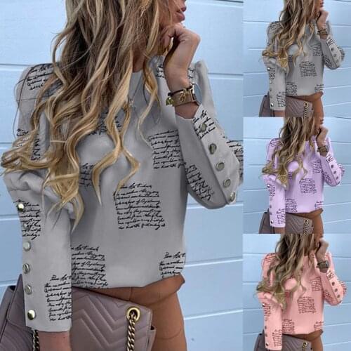 Fashion Blouses Letter Print Casual Women Tops Blusa Feminina Metal Button Long Sleeve Tops Women 2021 Top Mujer рубашка женская