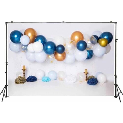 Baby Kids Boy 1st Birthday Photography Backdrop Cake Smash Portrait Background Blue Gold White Balloon Booth Studio Photoshoot