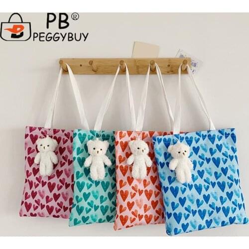 Canvas Love Printing Tote Handbags Fashion Women Shoulder Bag with Bear Pendant Leisure Eco Bag Large Capacity Tote Handbag