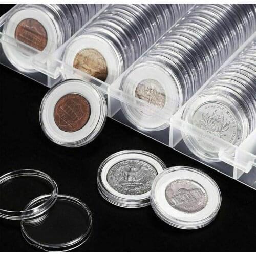 100 Pcs Fit 27mm Coin Capsule Box Round Holder Plastic Transparent Dustproof Case Protect Airtight Collection Storage