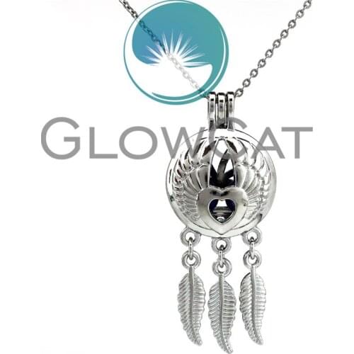 KK762 Heart Wings Dream Catcher Oyster Pearl Cage Locket Pendant Aromatherapy Beads Cage Stainless Chains Necklace