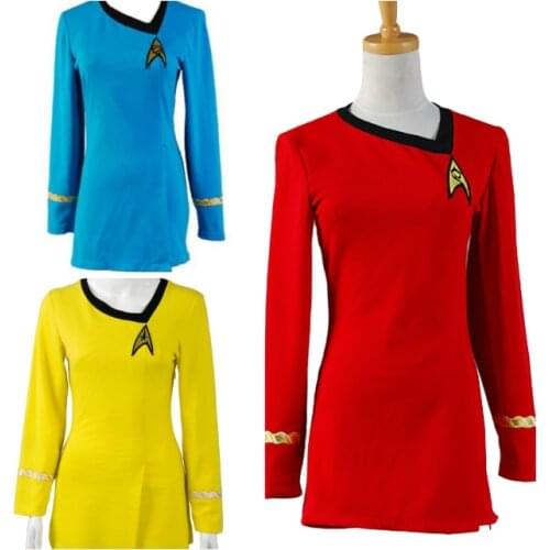 Star Costume Trek TOS Uniform Duty Dress Cotton Blue Yellow Red T-Shirt Women Outfit Cosplay Halloween Carnival Fancy Dress