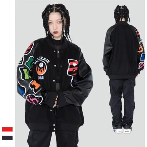 Hip Hop Streetwear Retro Embroidered Varsity Jackets PU Sleeves Flocking Armband Loose Coat Men and Women Casual Baseball Jacket