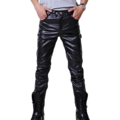 Summer Men Pants Solid Color Sexy Faux Leather Button Skinny Pants Summer Motorcycle Club Casual Trousers 2021 couro sintético