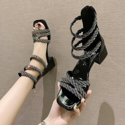 Summer All-match Sandals Women 2021 New Zipper Roman Womens Sandals Rhinestone Fashion Comfortable Mid-heel Fairy Wind Sandals