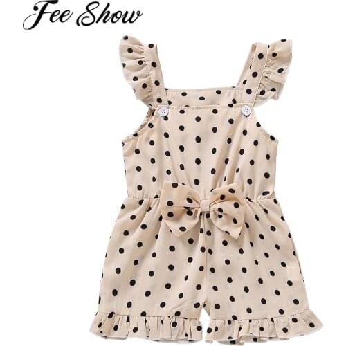 Summer Newborn Baby Toddler Kids Girls Cotton Ruffle Short Romper Sleeveless Polka Dot Print Jumpsuit Bow Clothing Outfit 6-24M