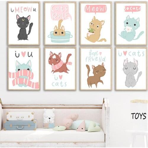 Cute Colorful Cat Meow Quotes Cartoon Nordic Posters And Prints Wall Art Canvas Painting Nursery Wall Pictures Kids Room Decor