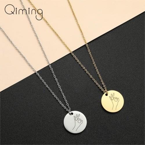 Stainless Steel Gesture Ok Symbol Pendant Necklace For Women Round Charm Dainty Everyday Jewelry Finger Necklace